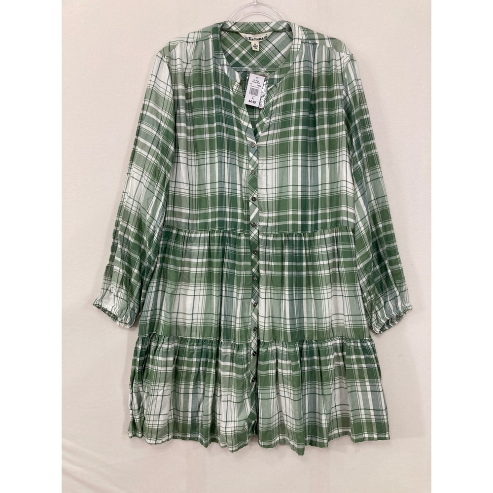 New Tantrums Plaid Tiered Dress XL Green White Button Front Long Sleeve Casual